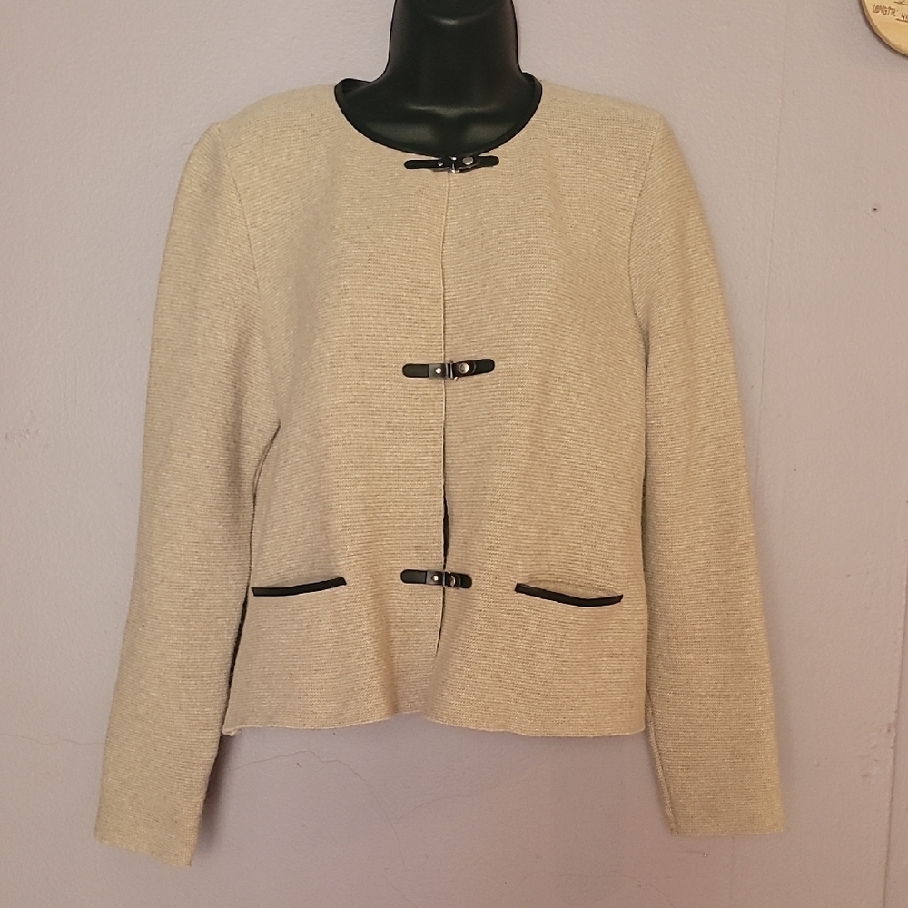 Cream Textured Blazer with Black Accents